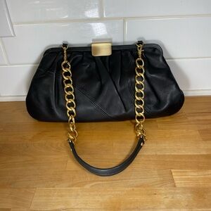 Cynthia Rowley Retro Black Leather Shoulder Bag Clutch with Gold Chain